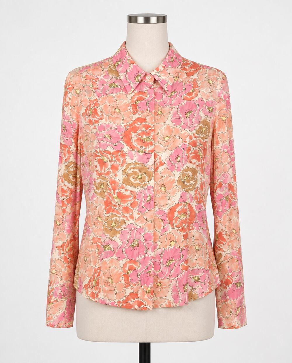 Jones Silk Floral Print Button Down Shirt Poppy Flowers 4